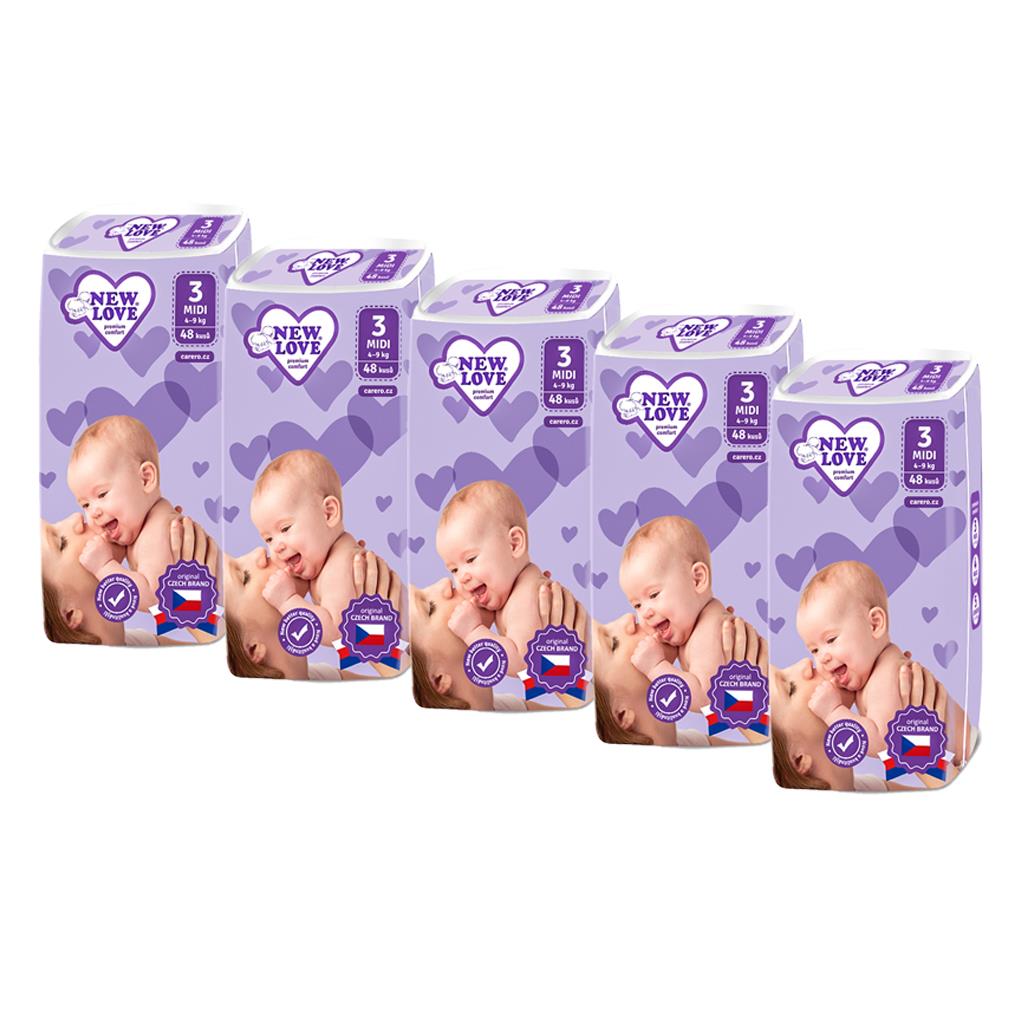 Pleny jednorázové dětské New Love 3 MIDI 4-9 kg 5x 48 ks